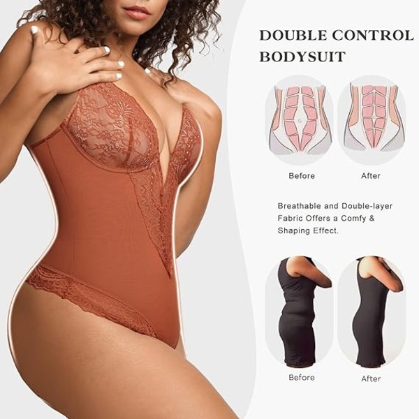 Popilush Lace Shapewear Bodysuit Kvinder V-hals Tummy Body Suit Thong Brown Red 3XL