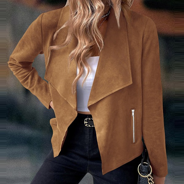 Dam Öppen Framsida Faux Suede Casual Blazer Långärmad Arbetsjacka brown L