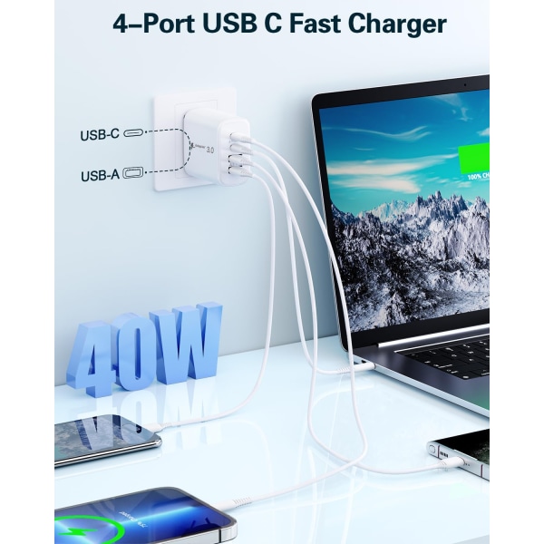 USB-C Rask Ladestasjon, 55W 4-Ports PD Strømadapter Vegglader for iPhone, Samsung UK