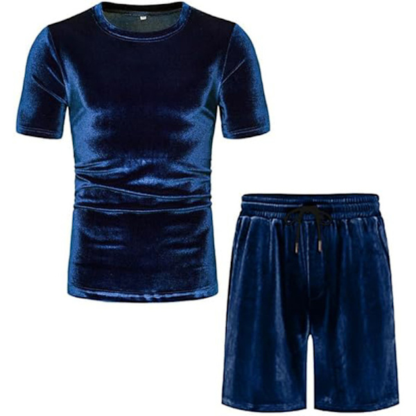 Miesten 2-osainen 80- ja 90-luvun samettitrenssipuvut, rento lyhythihainen samettipuserosetti Navy Blue M