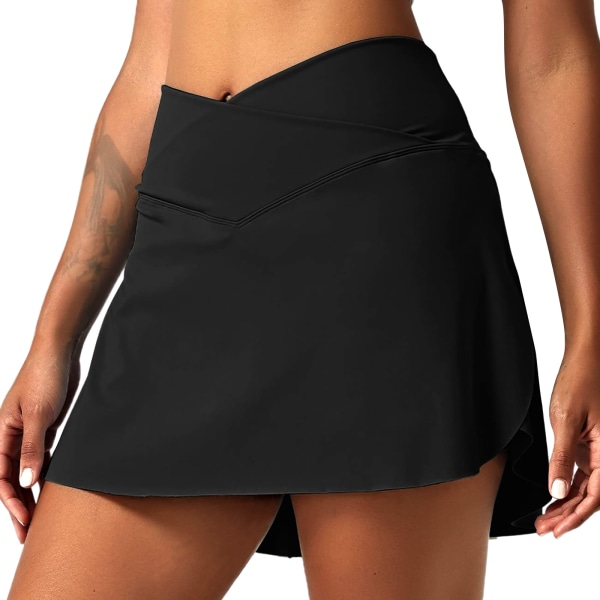 Plisserad tenniskjol för kvinnor med shortsfickor hög midja Black L
