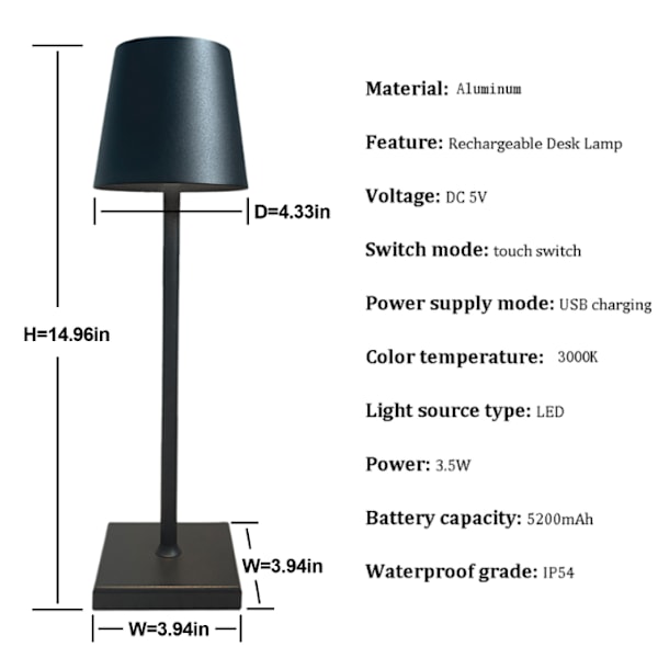 Ledningsfri LED Bordlampe med Dæmper, Stemningslys til Restaurant