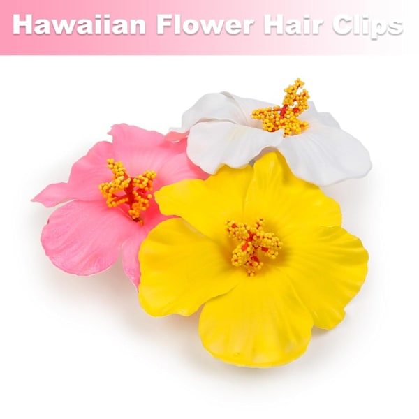 3 st hawaiianska blomsterhårklämmor för kvinnor, 3,5 tum konstgjorda blomsterklämmor white yellow and pink