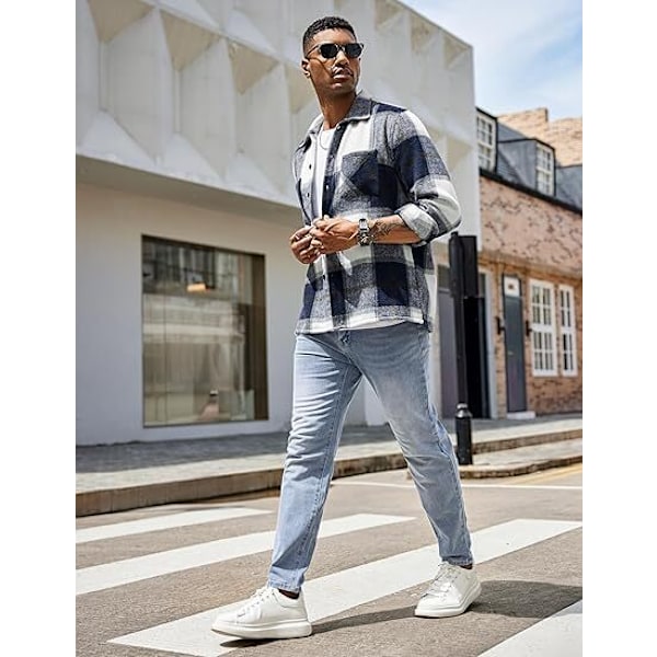 Herrar Flanellskjorta Casual Knapp-Down Rutig Skjorta Jacka Blue S