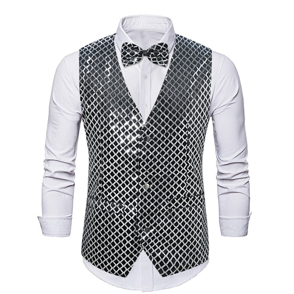 Satinväst för Herrar med V-ringning för Fest och Nattklubb - Metallic Väst silver L