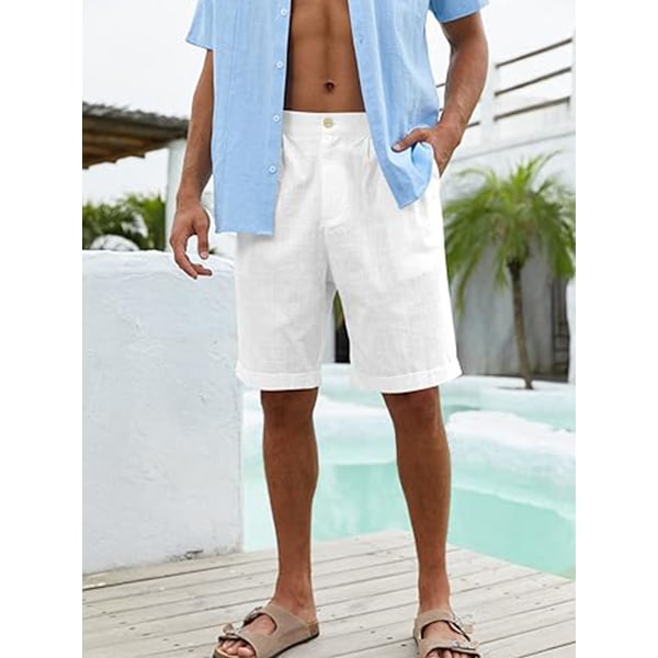 Herre Bomullslin Flat Front Shorts, Elastisk Midje Strandshorts white L