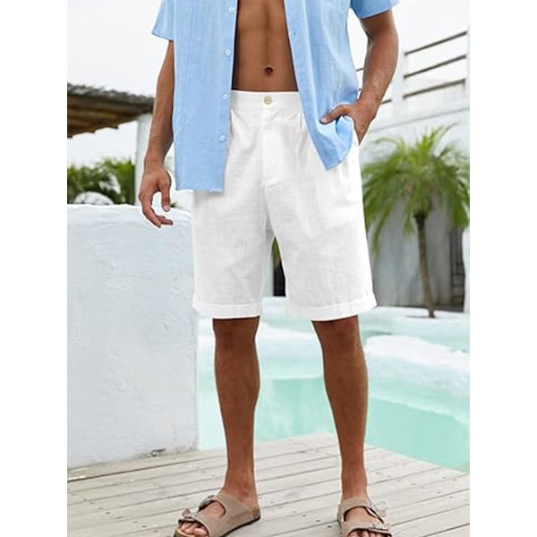Herre Bomullslin Flat Front Shorts, Elastisk Midje Strandshorts white M