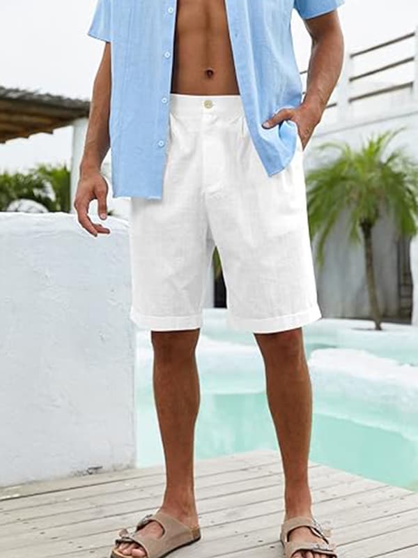 Mænds Bomuld Linned Flat Front Shorts, Elastisk Talje Strandshorts white 2XL