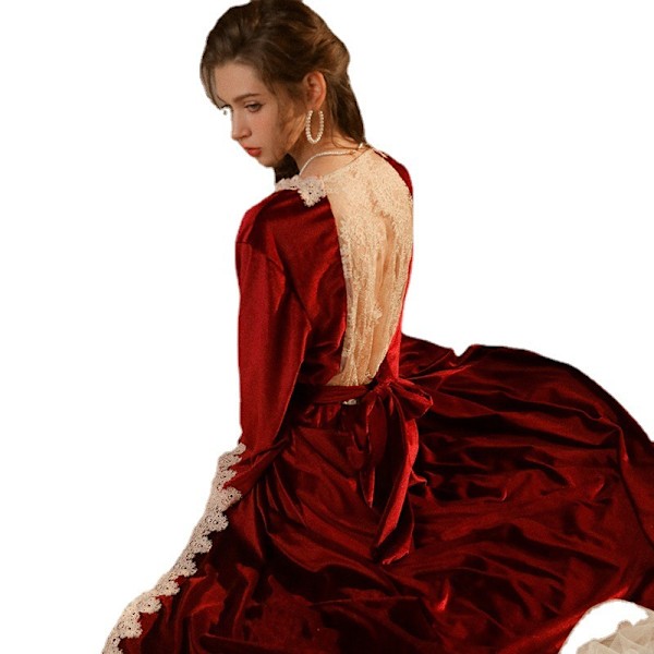 Fløjlslang Brudekjole Natkjole Sexy Udsnit Blonder Badekåbe red L