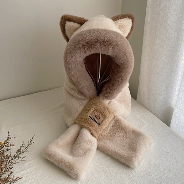 Plush Hettegenser-Hatt Kostymehatter, Dyr Hatt Vinterhatt Halsduksett beige