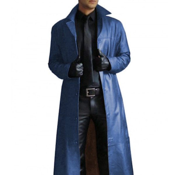 Herre Trenchcoat Fuld Længde Kunstlæder Lang Frakke BLUE XL