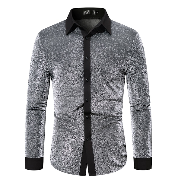 Herrar Knappfront Långärmad Glitter Lapel Krage Skjorta Silver L