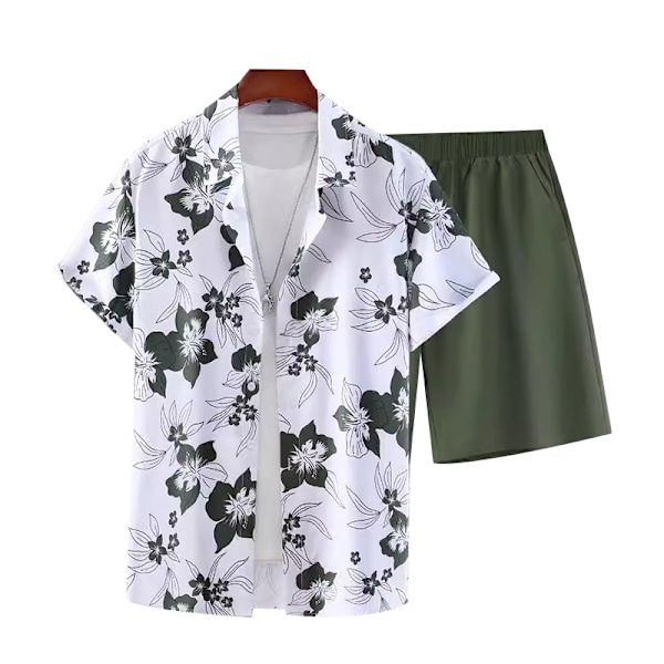 Herr 2-delars outfit blommig tropisk tryck knapp ner skjorta set green L