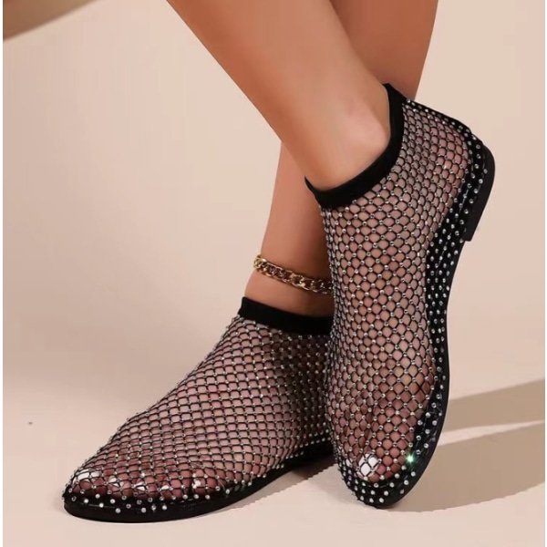 Mesh Flats Rhinestone Korta Sandaler Sexig Platt Cutout Glittrande Casual Bröllopsklänning Flats Black 43