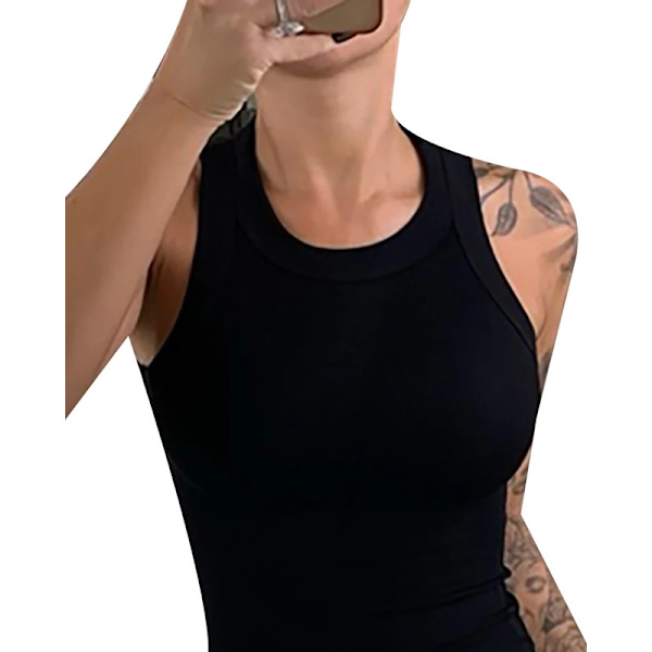 Naisten Yksivärinen Pyöreäkaulainen Ribattu Tank Top Camisole Naisten Kesä O-Kaulainen Tank Top Black XL