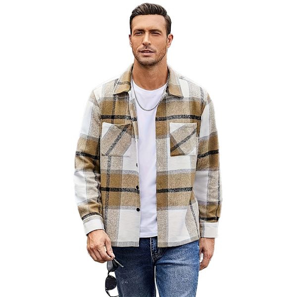 Mænds Flannelskjorte Casual Knapløs Plaid Skjortejakke khaki L