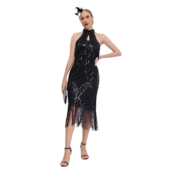 Dam 1920-tals Flapper Klänning Vintage Lång Fransklänning black S