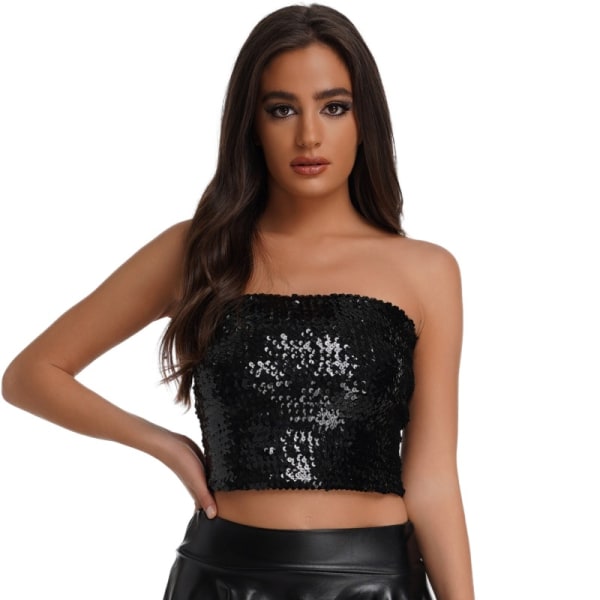 Glittrande paljetter för damer Glitter linne Metallic Crop Tops för Party Clubwear Black