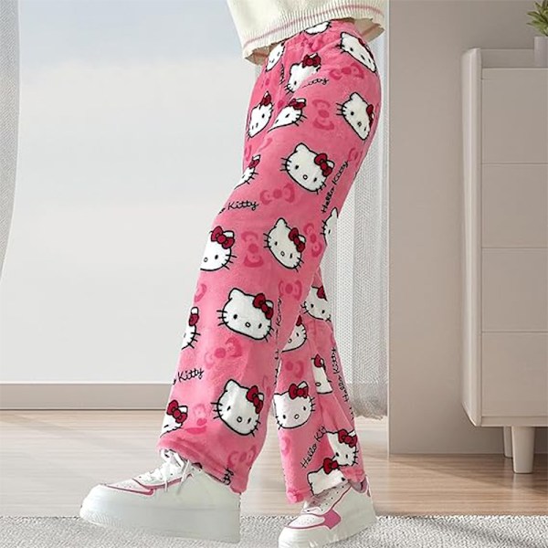 Katt-Cartoon Pyjamasbyxor för Kvinnor Flanell Bekväma Sömnbyxor rose red M