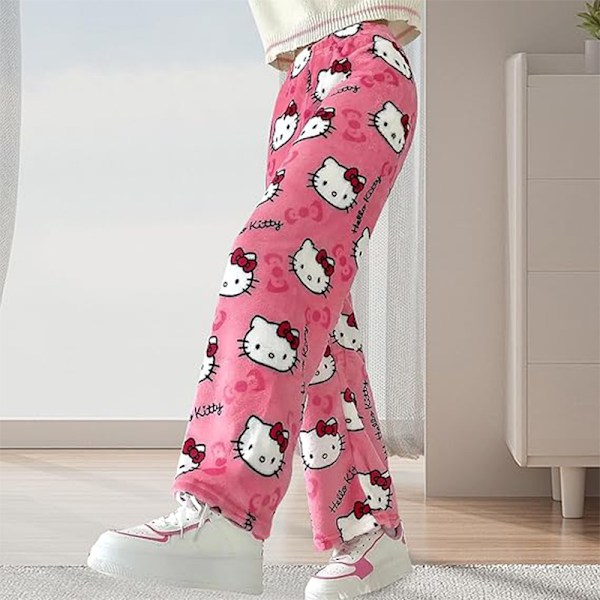 Naisten Piirretty Kissan Pyjama Housut Flanelli Mukavat Unihousut rose red M