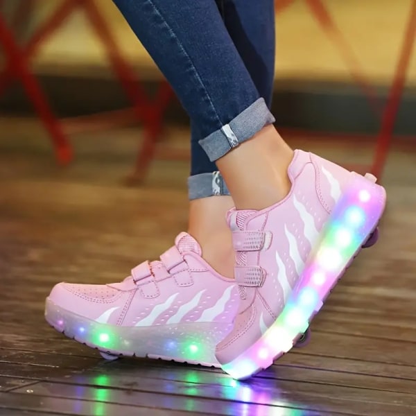 Girl Boy LED Light Up Roller Shoes, löstagbara skridskoskor för barn Pink 29