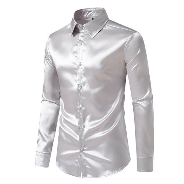 Miesten Kiiltävä Slim Fit Satiini Pitkähihainen Paita light grey L