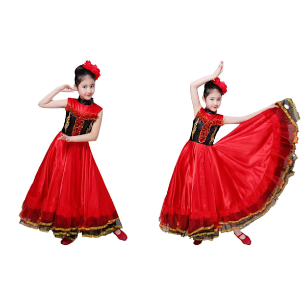 Tyttöjen Espanjalainen Flamenco-Härkätaisteluasu, Iso Heilahtava Mekko red 130