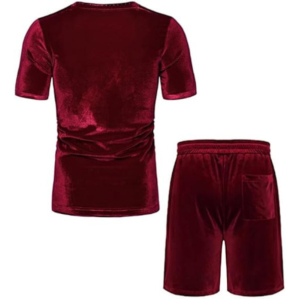 Män 2-delad 80-tal 90-tal Sammets Tracksuit Outfits Casual Kortärmad Sammetsskjorta Set Red L