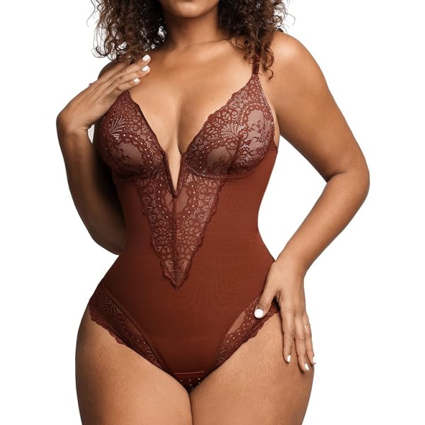 Popilush Lace Shapewear Bodysuit Kvinder V-hals Tummy Body Suit Thong Brown 3XL