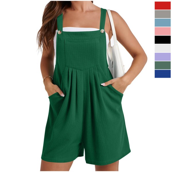 Naisten Kesä Casual Rompers Löysä Vaahterakudottu Lyhyet Haalarit Hyppyasu Taskuilla Green M
