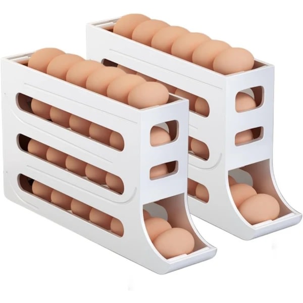 4-vånings äggförvaring för kylskåp, Automatisk rullande äggbricka för 30 ägg White 2 Pcs