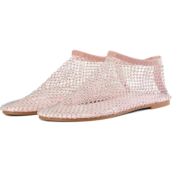 Mesh Flats Rhinestone Korta Sandaler Sexig Platt Cutout Glittrande Casual Bröllopsklänning Flats Pink 38