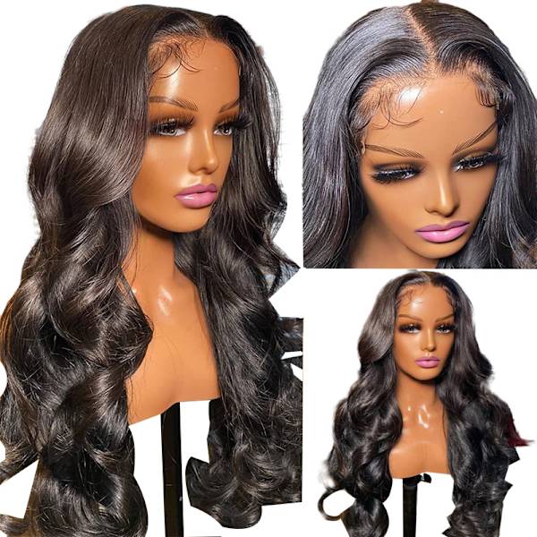 Spetsfrontperuk Mänskligt Hår Förplucked HD Body Wave Spetsfrontperuk Black 30in