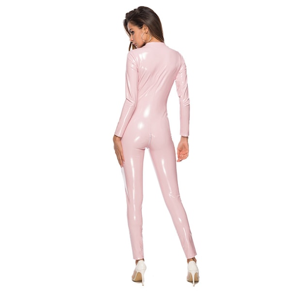 Dame Latex Catsuit Patent Læder Bodysuit Metallic Jumpsuit pink XL