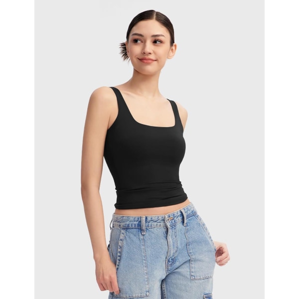 Naisten Neliökauluksinen Tank Top Hihaton Kaksoisvuorattu Perus Yläosa Sharp Collection Black XL