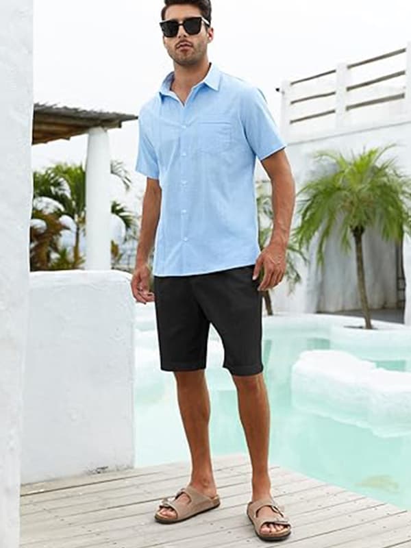 Mænds Bomuld Linned Flat Front Shorts, Elastisk Talje Strandshorts black 2XL