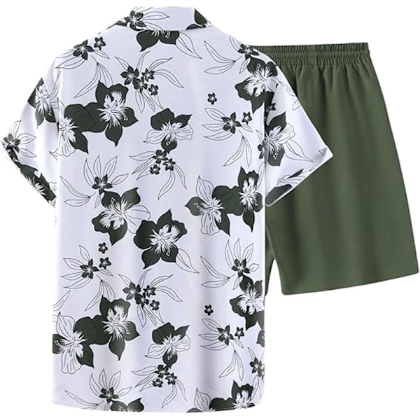 Herr 2-delars outfit blommig tropisk tryck knapp ner skjorta set green 2XL