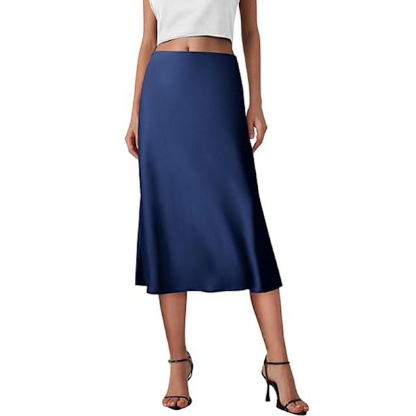 Kvinnors Sommar Höga Midja Volang A-linje Silke Kjolar Navy Blue XL