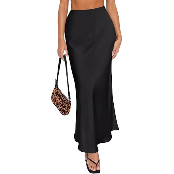 Kvinners Lange Satin Skjørt Silke Elegant Høy Midje Flare A-Line Midi Skjørt black L