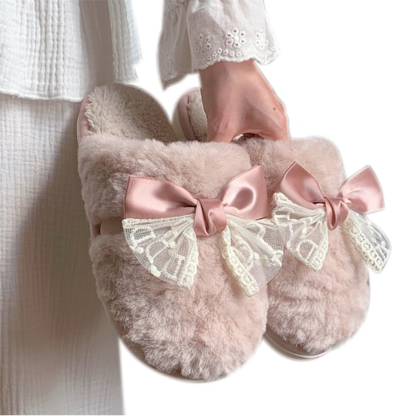 Fluffiga tofflor med rosett i färgblock för höst och vinter Pink 40-41