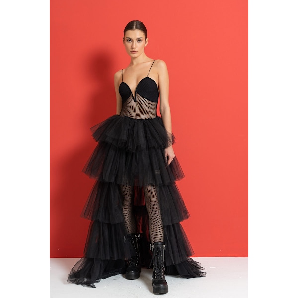 Kvinnors Högmidjade Hög-Låg Lager Tulle Golvlång Kjol black M