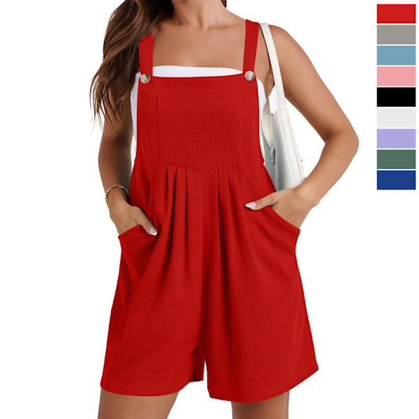 Sommerlige Løse Waffle-Strikk Shorts Overalls Jumpsuit for Kvinner med Lomme Red S