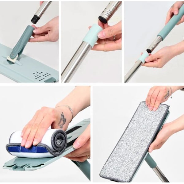 Platt Squeegee-Mopp med Hink, Händerfri Urvridning, Golvrengöringsmopp med 2 Dukar