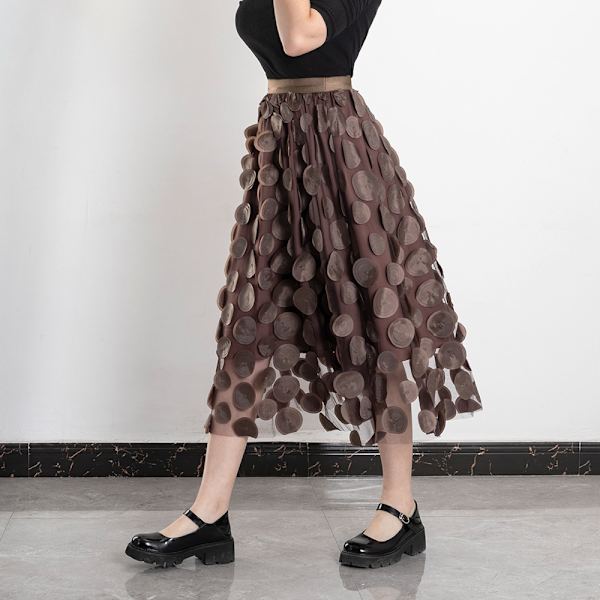 Tullkjol Kvinnor 3D Polka Dot Mesh Flytande A-Linje Midi Kjolar brown