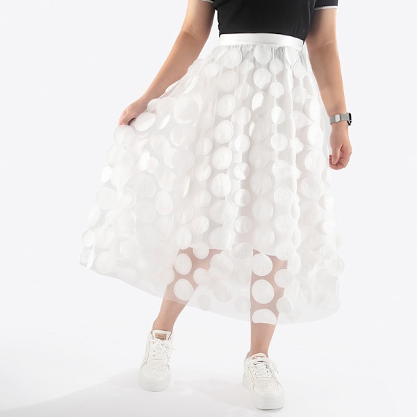 Tulle Skørt Kvinder 3D Polka Dot Mesh Flydende A-Line Midi Skørter white