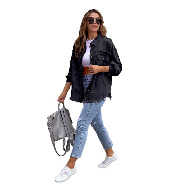 Kvinnors Ripped Distressed Denim Jacka Casual Långärmad Pojkvän Jean Rock black M