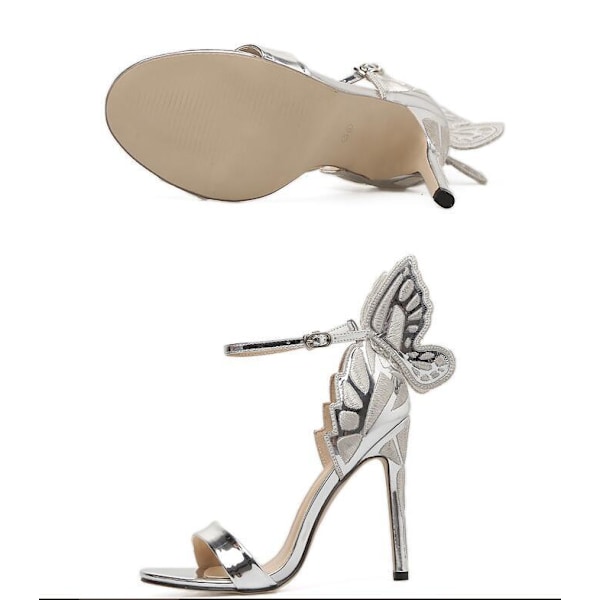 Sommerfuglvinger Peep Toe Pumps Damer Sandaler Stiletto Høyhælte Spenne silver 36