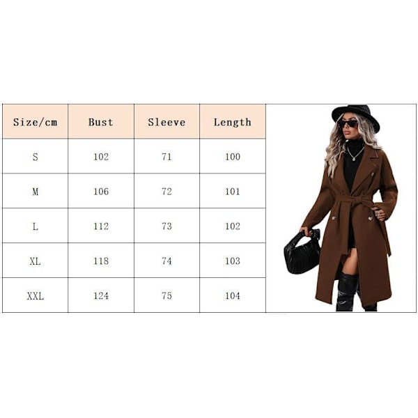 Kvinnors Lång Ull Peacoat Med Hakad Krage Dubbelknäppt Trenchcoat brown 2XL