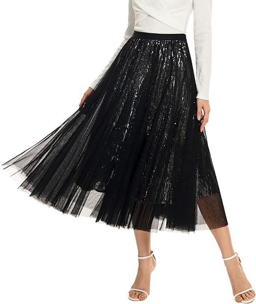 Sequin Lang Tulle Skjørt Lagdelt Flydende Fe-Glitter Mesh Skørter