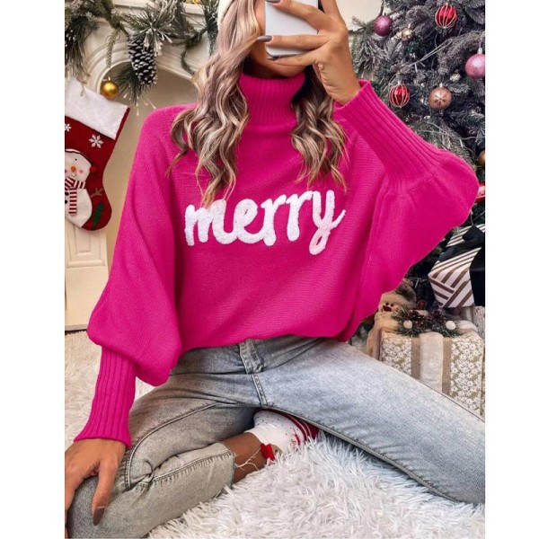 Damtröja med polokrage Merry Christmas Stickad Pullover Sweatshirt Pink M